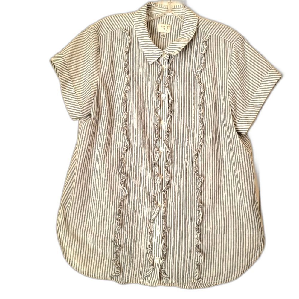 A New Day gray white stripe button up top ruffle short sleeve metallic girly L